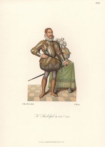 Rey Rodolfo II, Emperador del Sacro Imperio Romano Germánico, Rey de Bohemia, Archiduque de Austria (1552-1612). Con gorguera de encaje, armadura de placas decorada con oro, calzón acolchado acuchillado y calcetas de cota de malla. Cromolitografía de Hefne de Unbekannter Künstler