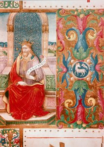 El rey Salomón en el trono Letrina iluminada del manuscrito Ms. K C 43, Florencia, Museo del 