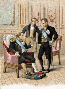 El rey de Francia Luis XVIII (1755-1824) muy enfermo diciendo "el rey puede morir no debe estar enfermo" a Joseph de Villele en agosto de 1824. Siglo XIX (cromolitografía)