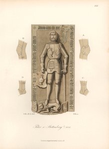 Caballero con armadura del siglo XV, con detalles de las ataduras en las rodillas y los codos - Lápida de Peter von Stettenberg, fallecido en 1441 - Cromolitografía, dibujo de Jakob Heinrich von Hefner-Alteneck (1811-1903), para su libro "Trajes, oficios e de Unbekannter Künstler