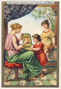 La lectura. Una joven sentada muestra un cartel publicitario de Liebig a dos niñas de pie frente a ella. Cromolitografía publicitaria, Compañía Liebig, Londres, finales del siglo XIX. Dimensiones: 10,5 x 7 cm de Unbekannt