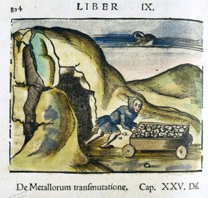 La mina siglo XVI: un hombre empuja un carrito lleno de mineral a la entrada de una mina