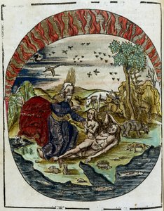El nacimiento de Eva siglo XVI: Dios sacando a Eva del costado de Adán en el jardín del Edén