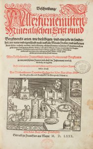 Laboratorio de análisis de minerales, con horno, instrumentos y herramientas - Página de título de Descripción de los minerales y los principales métodos de explotación minera, de Lazarus Ecker - Alquimia y Química Temprana Página de título de un libro sob de Unbekannt