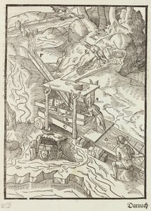 Lavado del mineral de oro - Grabado extraído de Descripción de los minerales y los principales métodos de explotación minera, de Lazarus Ecker de Unbekannt