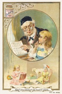 Lectura con abuelo. Cromolitografía publicitaria que representa en un marco circular a una persona mayor, una niña a su lado. En la parte inferior de la imagen, una niña sentada rodeada de juguetes. Editado por Compagnie Liebig, París, finales del siglo XI de Unbekannt