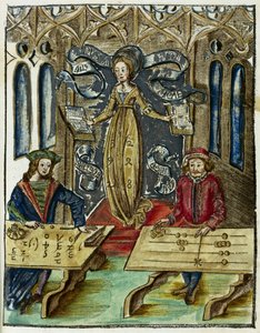 Los instrumentos matemáticos en el siglo XVI: competencia de rapidez de cálculo entre Pitágoras (580-500 a.C.) y Boecio (480-524), Pitágoras usa su tabla de contar (ábaco) y Boecio usa algoritmos de Unbekannt