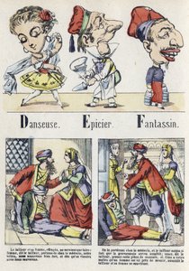 Letras D, E y F: bailarina, tendero e infantería. Alfabeto del Cuento Oriental. Imágenes de Epinal, circa 1890 de Unbekannt