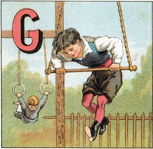 Letra G para gimnasia. Grabado en "Alfabeto de los pequeños escolares". Imágenes de Epinal, circa 1885. Colección Privada