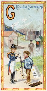 Letra G: glaciar, gendarme, gasómetro, niño, estación, guerrero, veleta, guitarra. Grabado del Alfabeto editado por Chocolat Suchard, principios del siglo XX. 24 cromolitografías que representan lugares, personajes y objetos para descubrir en la imagen de Unbekannt