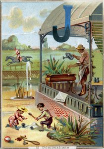 Letra J: jardín; juego; juguetes; jockey; jardinero; jardinero; binoculares; jet; periódico. Alfabeto. En cada imagen, hay una serie de palabras ilustres cuyas representaciones están escenificadas. Cromolitografías de Litografía Parisina, circa 1890. Dim: 