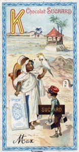 Letra K: kabyle, kepi, kilogramo, cacatúa, quiosco, kilómetro. Grabado del Alfabeto editado por Chocolat Suchard, principios del siglo XX de Unbekannt
