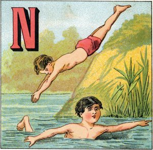 Letra N para nadar. Grabado en Alfabeto de los pequeños escolares. Imágenes de Epinal, circa 1885. Colección privada de Unbekannt