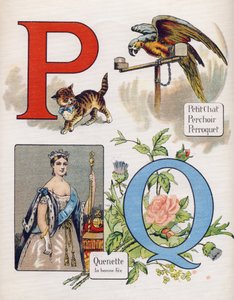 Letra P y Q: gatito, percha, loro y quenet, la hada derecha. Grabado en "ABC L