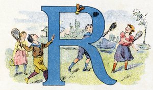 Letra R: Raqueta Voladora. Alfabeto de Phosphatine Falieres. Grabado. Alfabeto Brevete S.G.D.G. por el farmacéutico Pierre Emile Falieres. Ilustraciones en cromolitografía, finales del siglo XIX. 16 páginas. de Unbekannt