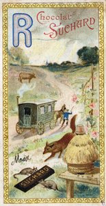 Letra R: rayos, rumiante, remolque, colmena, zorro, ratas, rosa. Grabado del Alfabeto editado por Chocolat Suchard, principios del siglo XX. 24 cromolitografías que representan lugares, personajes y objetos para descubrir en la imagen. Dim: 105x55mm de Unbekannt