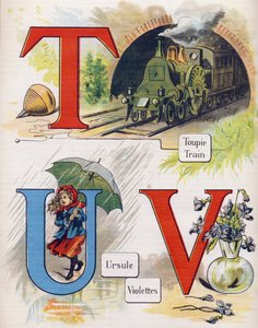 Letra T, U y V: trompo, tren, úrsula y violeta. Grabado en "ABC L