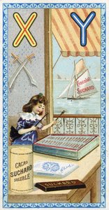 Letra X: xilofonista y Y: yatagán, yate. Grabado del Alfabeto editado por Chocolat Suchard, principios del siglo XX. 24 cromolitografías que representan lugares, personajes y objetos para descubrir en la imagen. Dim: 105x55mm de Unbekannt