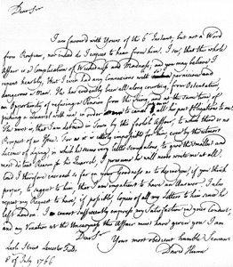 Carta escrita por David Hume a Richard Davenport refiriéndose a las grandes dificultades de su relación con Jean-Jacques Rousseau, la negativa de Rousseau a aceptar una pensión y sus disputas con Hume, 8 de julio