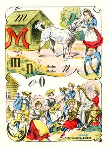 Letras M N y O como Medor, Nicho y Orquesta Suiza. Grabado en "Fun Alphabet". Imágenes de Pont-a-Mousson. Impresión y publicación Louis Vagne, finales del siglo XIX.