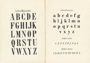 Letras mayúsculas, minúsculas, cifras árabes y romanas - Grabado extraído de ABCD de las niñas. Pellerin & Cie, impresor-editor, Épinal, hacia 1890. Serie A.
