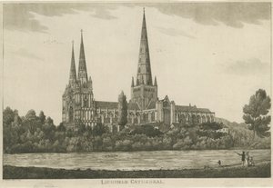 Catedral de Lichfield - Vista Sur: grabado a la aguatinta, nd [c 1820-1830] de Unbekannt