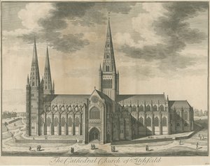Catedral de Lichfield - Vista Sur: grabado, nd [c 1730] de Unbekannt