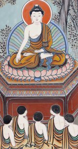 Vida del Buda: Como Buda, un ser despierto, regresó para enseñar a sus cinco compañeros practicantes la Noble Verdad del Sufrimiento, la Noble Verdad de la Causa (Deseo), la Noble Verdad de la Cesación y el Noble Camino Óctuple que conduce a la cesación