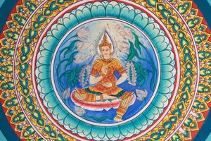 Vida de Buda. Obra de arte en el techo que representa la vida de Buda. Wat Inpeng. Vientiane, Laos de Unbekannt