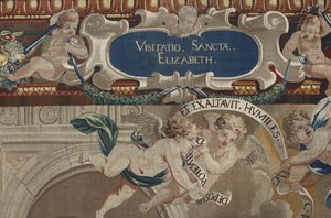 Vida de la Virgen: "La Visitación" Detalle Tapiz de lana y seda realizado en el taller de Pierre Damour según los dibujos de Charles Poerson (1609-1667)
