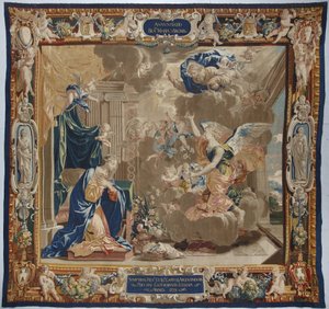 Vida de la Virgen: “La Anunciación” Vemos a Dios y la paloma del Espíritu Santo (Espíritu Santo) sobre la escena - Tapiz de lana y seda hecho en el taller de Pierre Damour a partir de los dibujos de Charles Poerson (1609-1667) de Unbekannt