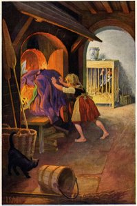 Literatura. Cuento de hadas. Hansel y Gretel y la bruja. Ilustración de Otto Kubel para el cuento de los hermanos Grimm. Postal, Alemania, c.1900 (postal) de Unbekannter Künstler