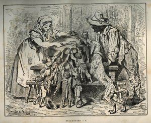 El pequeño Poulet y sus hermanos hambrientos. Grabado de Gustave Doré (1832-1883) de Les contes de Charles Perrault (1628-1703)