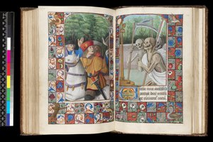 MS 92 f.132v-133r, Oficio de los Muertos, Maitines, Los Tres Vivos y los Tres Muertos, de un Libro de Horas, oeste de Francia, uso de Roma, 1490-1510 de Unbekannt