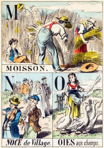 M N O: Cosecha, Boda de aldea, Gansos en el campo - "Alfabeto de la granja" finales del siglo XIX (grabado)