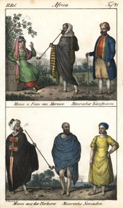 Hombre y mujer de Marruecos, un mercader moro, arriba, y una pareja de marroquíes, un mercader moro y abajo, un hombre bereber con abrigo y una pareja de nómadas moros. Litografía para el libro: "Galerie complete en tableaux fideles des peuples d