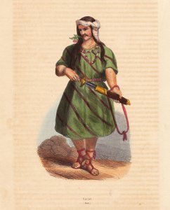 Hombre de la tribu Karen (Karene o Karyang) (Birmania, Myanmar) - Hombre de la tribu Karen (Karian) del sur de Birmania - xilografía coloreada a mano de "Mores, Uses et Costumes de tous les Peoples du Monde, Asia", de Auguste Wahlen, seudónimo de Jean Fran