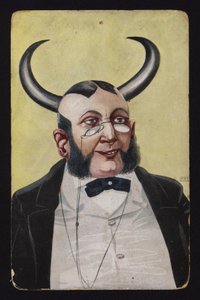 Hombre con cuernos de diablo o demonio (litografía en color)