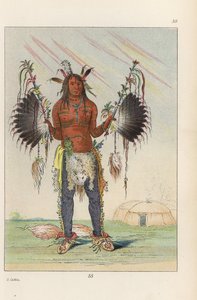 El curandero mandan Mah-to-he-hah, Viejo Oso, pintado con varios colores, grasa de oso y carboncillo, sosteniendo pipas medicinales de plumas y llevando colas de zorro en los talones. Litografía coloreada a mano de Manners, Customs and Condition of the Nor de Unbekannter Künstler