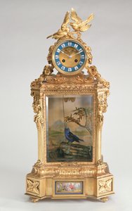 Reloj de chimenea, porcelana montada en bronce dorado, con autómata de pájaro cantor, francés de Unbekannt