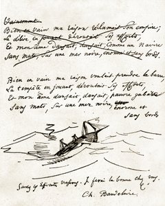 Manuscrito de Charles Baudelaire, ilustrado con el dibujo de un barco de Unbekannter Künstler