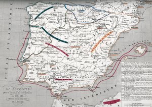 Mapa de España en tiempos de la Hispania germánica, 409-585 (Mapa de España en tiempos de la Hispania germánica) Grabado del "Atlas Universel" de Houze