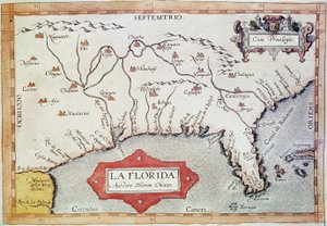Cartografía de "Florida". Podemos ver el Trópico de Cáncer, las Bahamas y las islas Tortugas. En el "Teatrum Orbis Terrarum"" del cartógrafo Abraham Ortelius (1527-1598) de Unbekannter Künstler