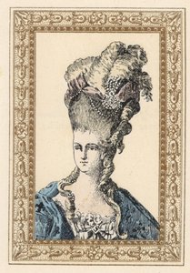 María Antonieta, esposa del rey Luis XVI de Francia, con un elaborado peinado coronado con cintas y perlas