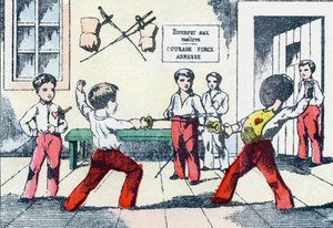 Maestro de armas. Grabado en "Alfabeto militar infantil". Imágenes de Pont-a-Mousson, circa 1890