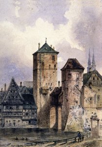 Ciudad medieval a orillas del Rin, hacia 1850-1900 (acuarela) de Unbekannter Künstler