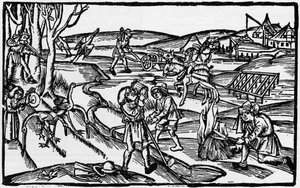 Vida rural medieval en un grabado del siglo XVI, pub en 1931 (grabado)