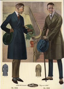 Moda masculina 1920 - Hombres con abrigos de doble botonadura llevando bastones y sombreros, con polainas. Cromolitografía de un catálogo de moda masculina de Bruner Woolens.