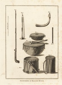 Instrumentos musicales militares: trompeta, cuerno, pífano, tambor de caldero, tambor lateral de Unbekannt