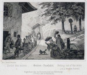 Mina de sal: la salida de los turistas de la mina en un vehículo de madera sobre rieles, en Durrnburg, Austria, hacia 1850 de Unbekannt